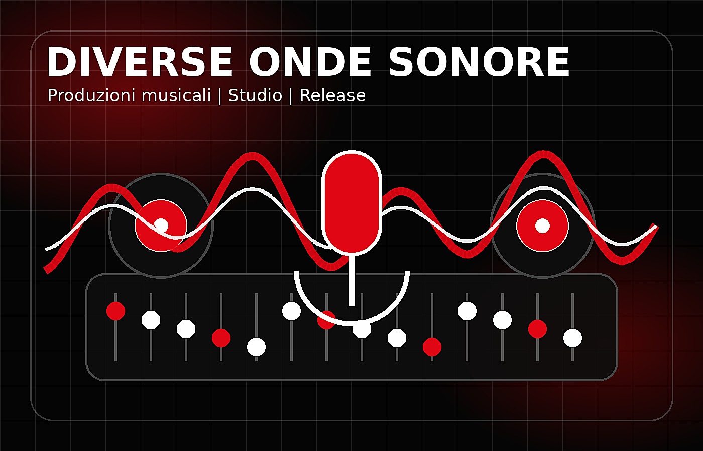 Produzione musicale con studio, onde sonore, microfono, mixer e speaker